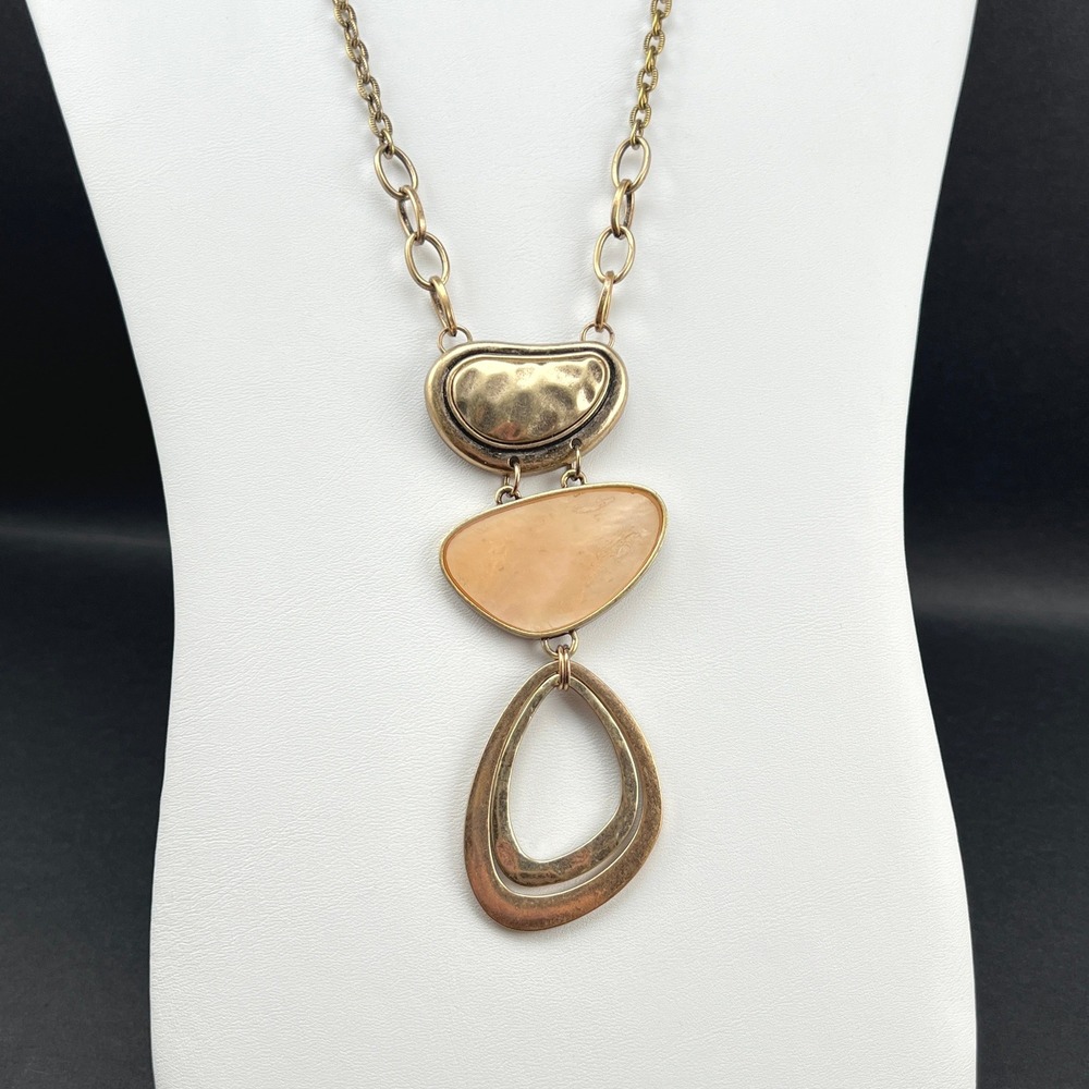 Laura Ashley Statement Necklace Brass Tone Peach Geometric 20"